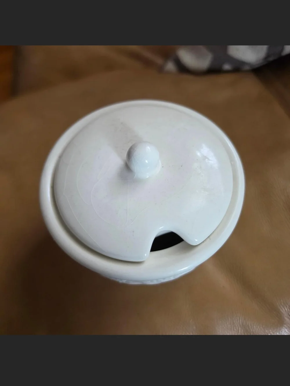 Vintage White Ceramic Lidded Sugar Bowl Embossed Grape Vine Motif